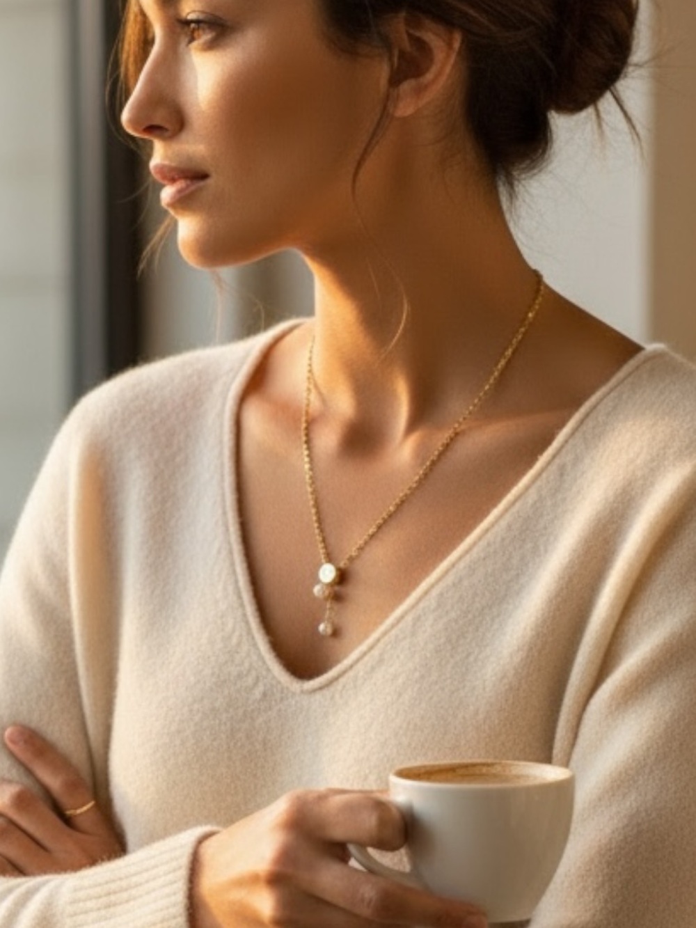 J.Crew Chain Necklace Gold-tone Drop Pearl Pendant wi/ Gold Tone Circular Accent